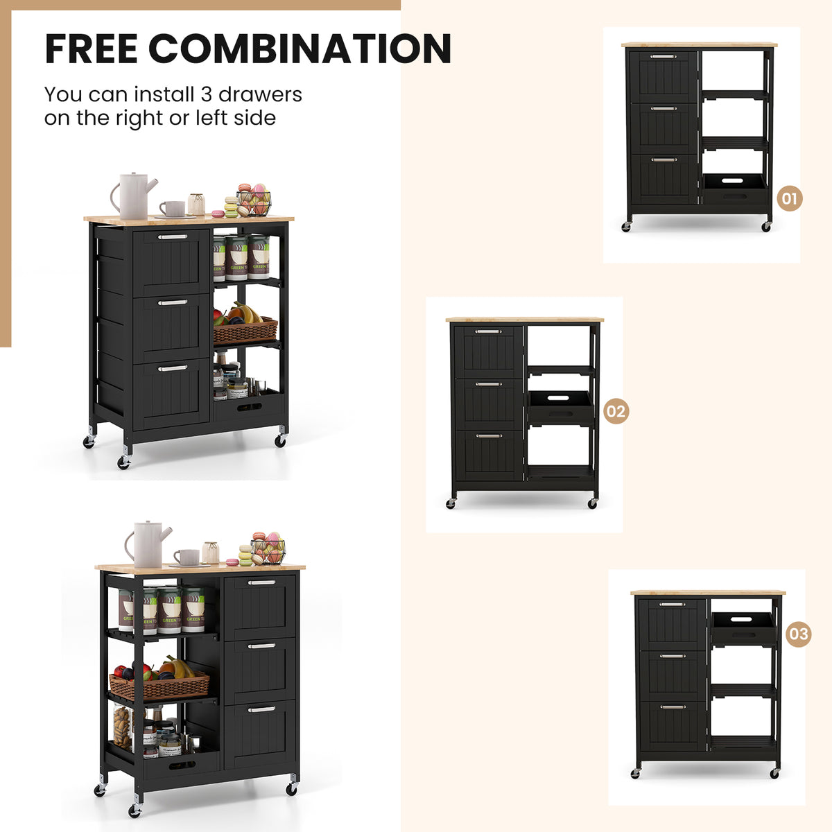 Rolling Kitchen Island Utility Storage Cart, 3 Drawers - Black