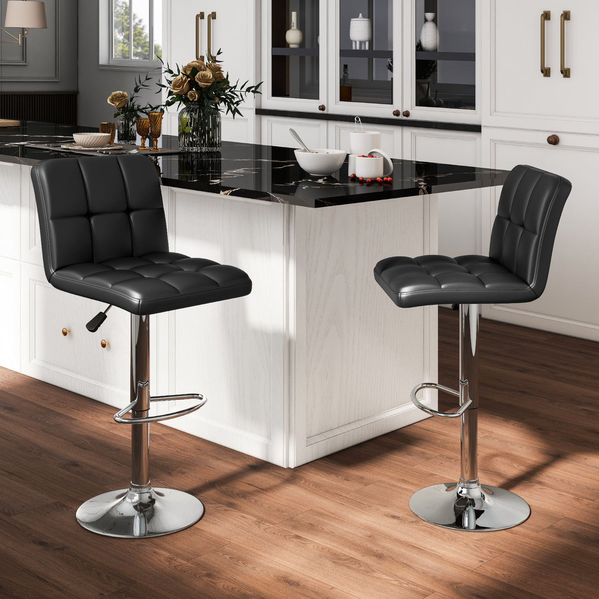 Square Swivel Bar Stools with Back - Grid Pattern, Black (Set of 2)