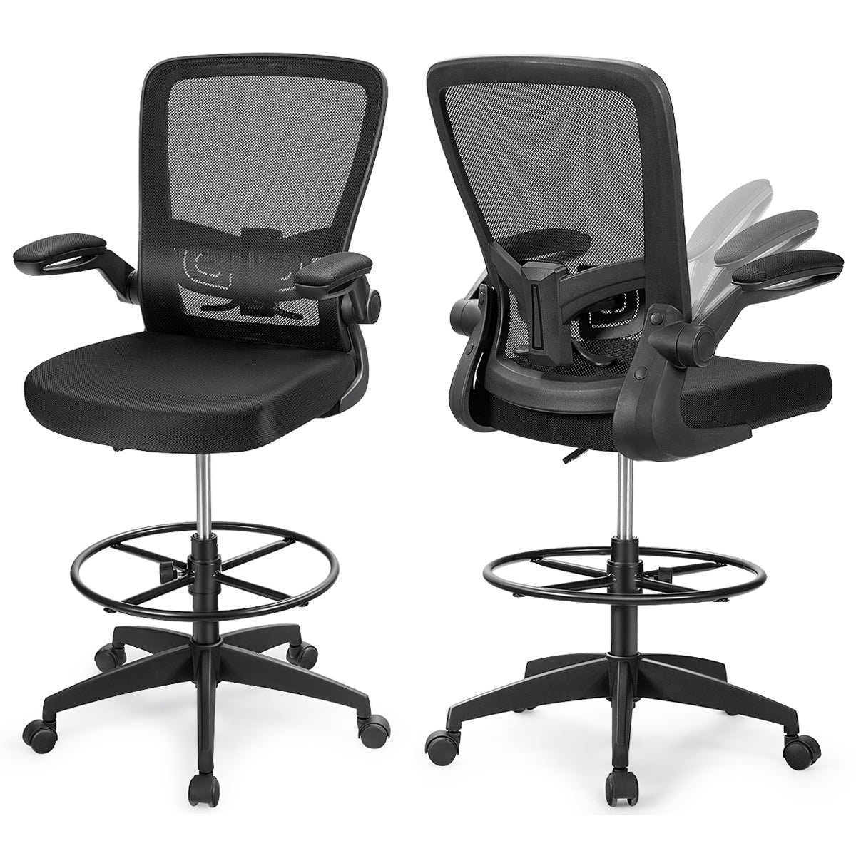 Height Adjustable Drafting Chair with Flip-Up Arms, Black
