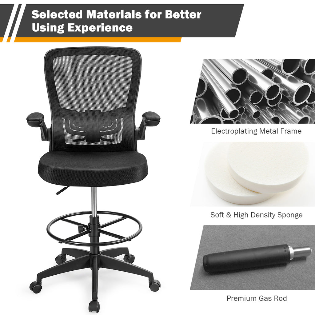 Height Adjustable Drafting Chair with Flip-Up Arms, Black