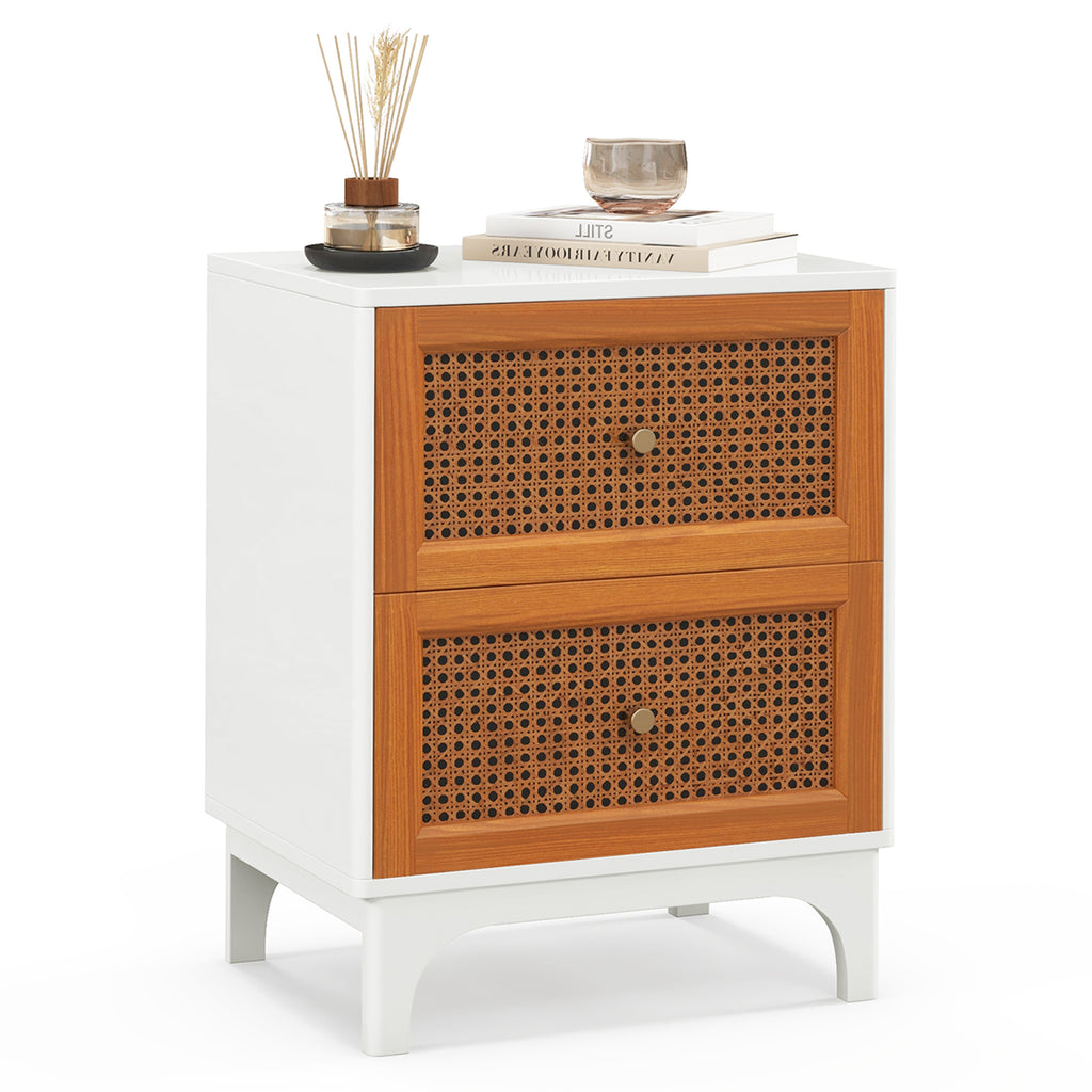 Rattan Nightstand with Drawer Mid Century Modern White