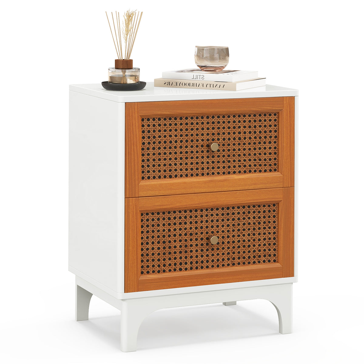 Rattan Nightstand with Drawer Mid Century Modern White