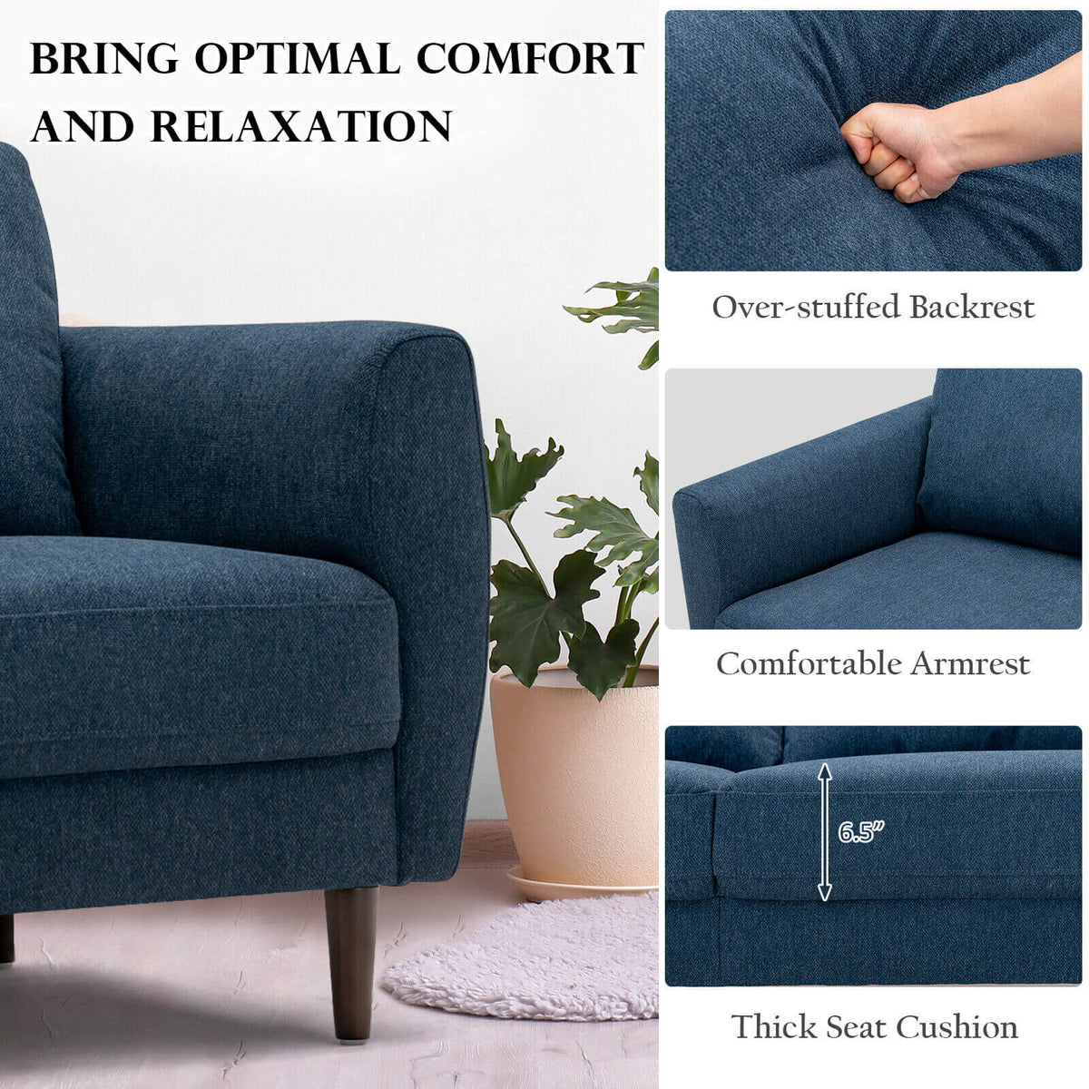 Modern Upholstered Sofa Set with Removable Cushion Covers - Navy