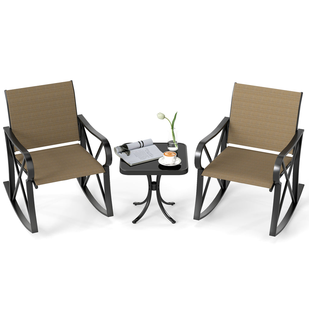 3-Piece Outdoor Rocking Chair Bistro Set with Side Table - Black