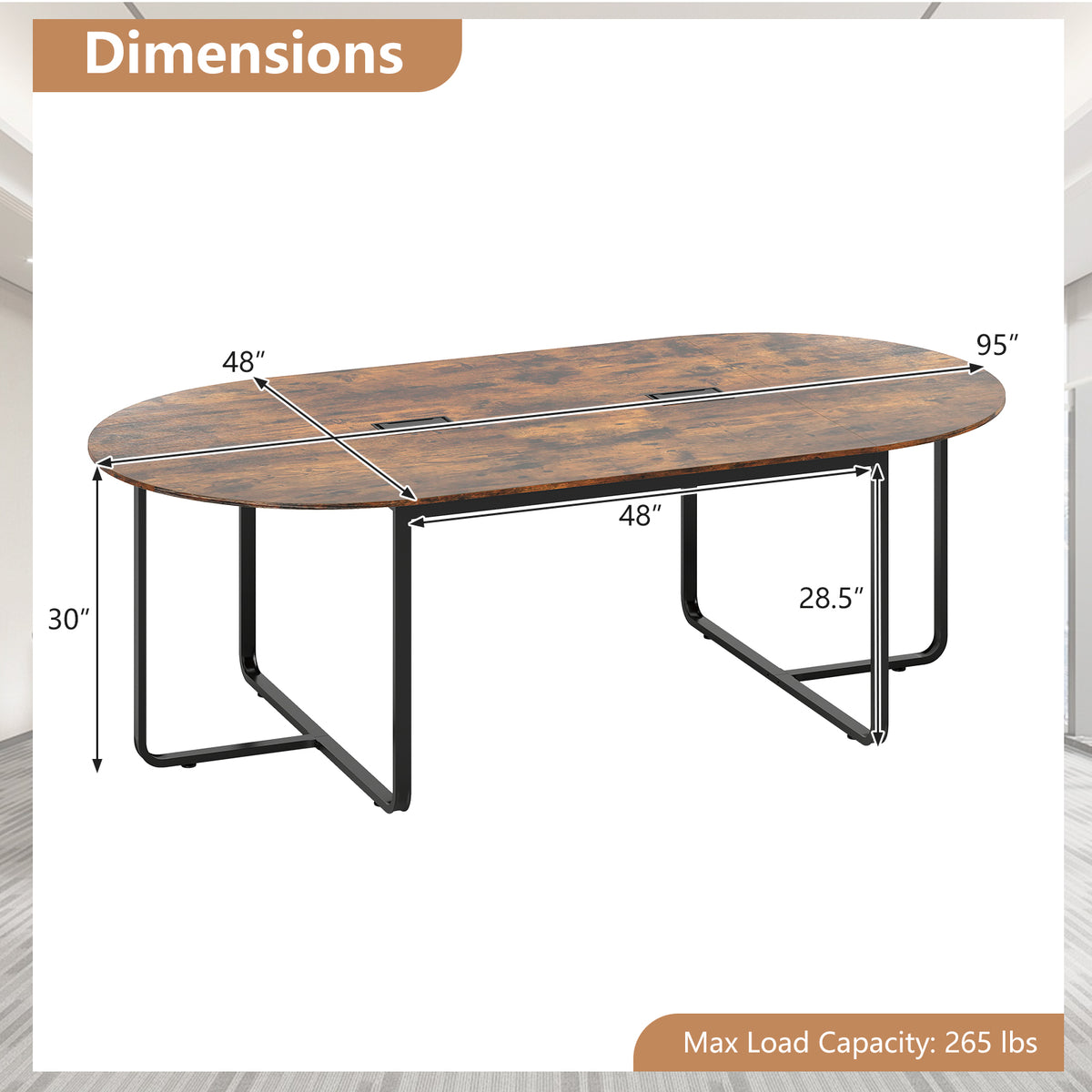 95-Inch Oval Conference Table with Dual Cable Holes - Rustic Brown