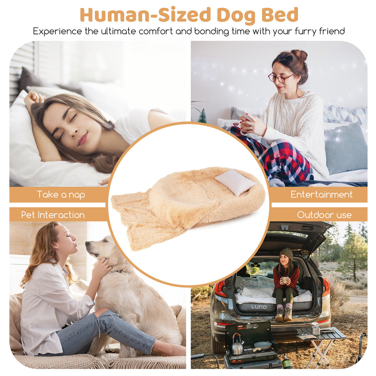 Washable Fluffy Dog Bed with Side Pockets, Blanket & Pillow - Brown