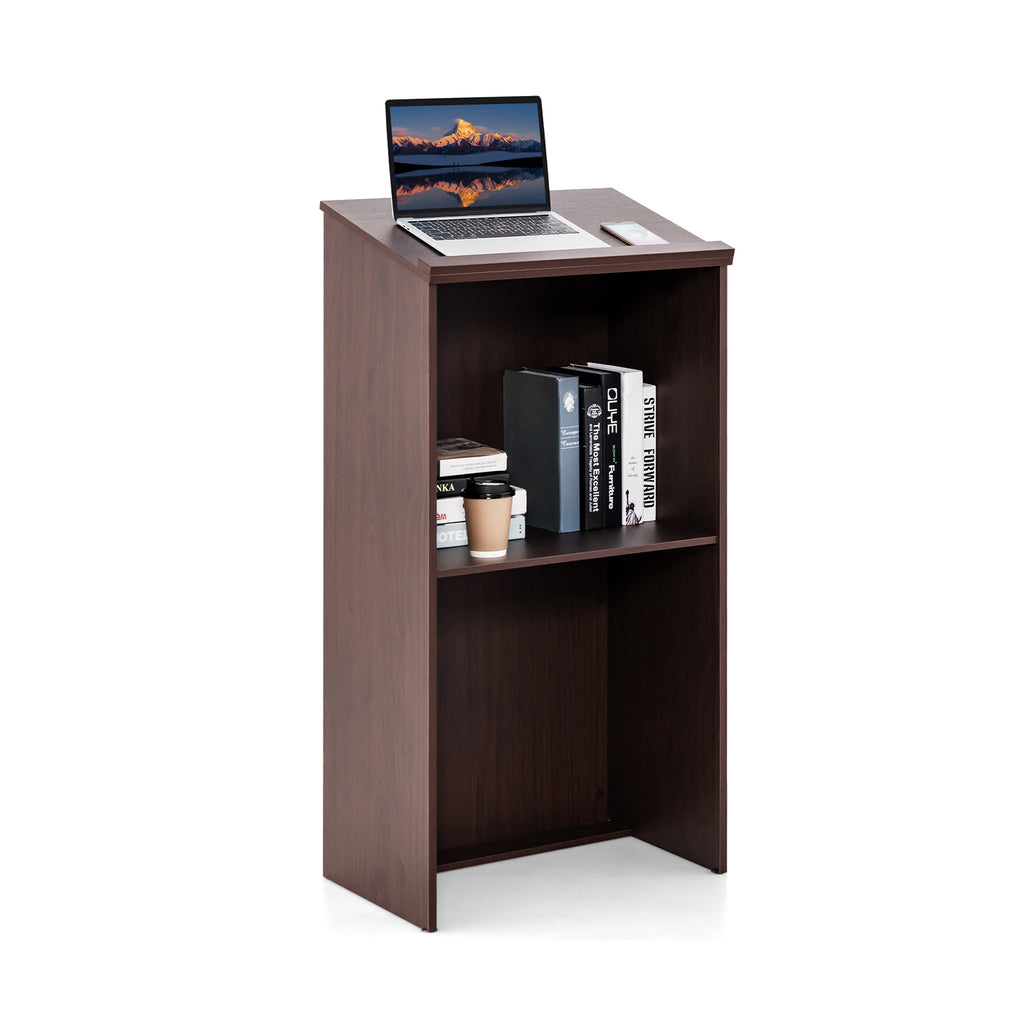 Wooden Floor Standing Lectern Podium with Storage Shelf - Black