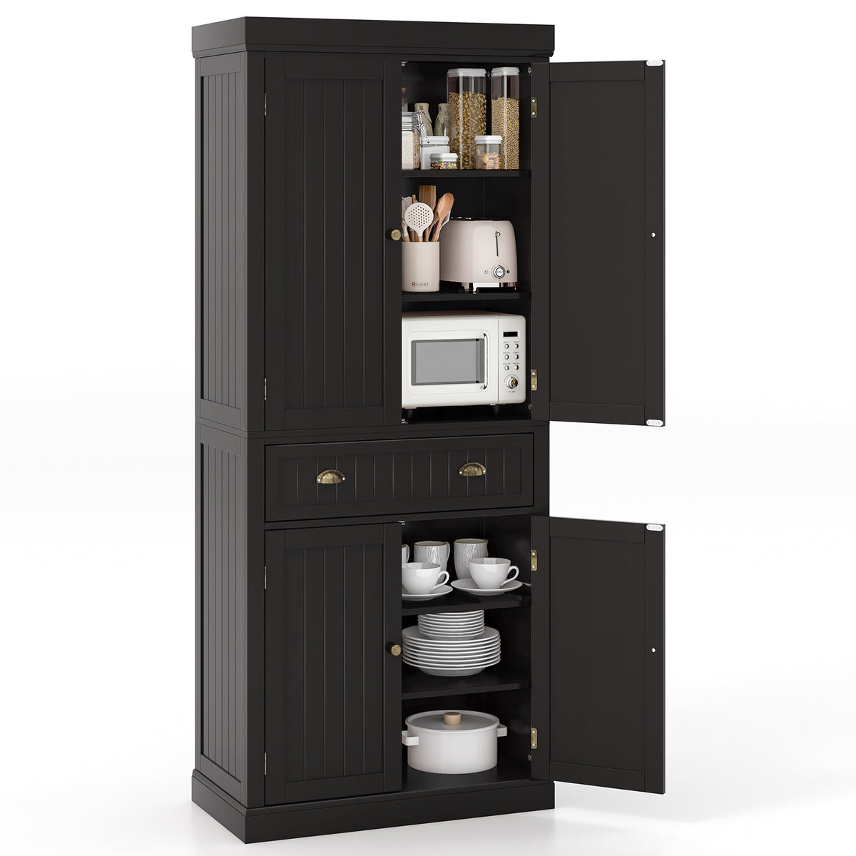 4-Door Pantry Storage Cabinet with Drawer & Shelves – Dark Brown