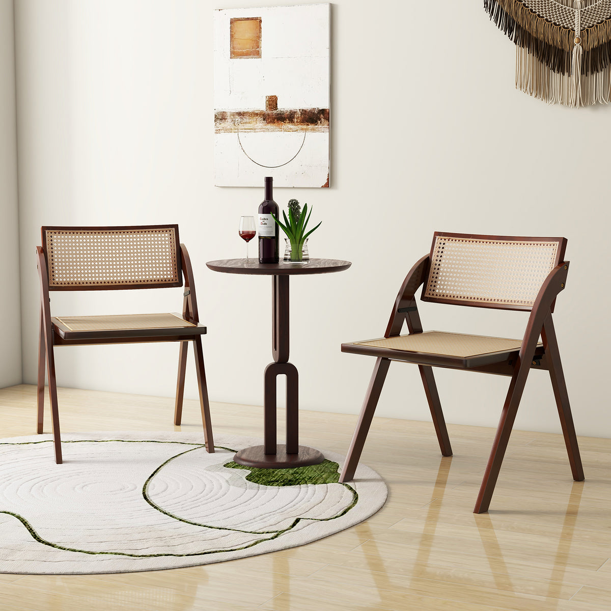 Foldable Dining Chairs Set of 2, Brown - Rattan Backrest