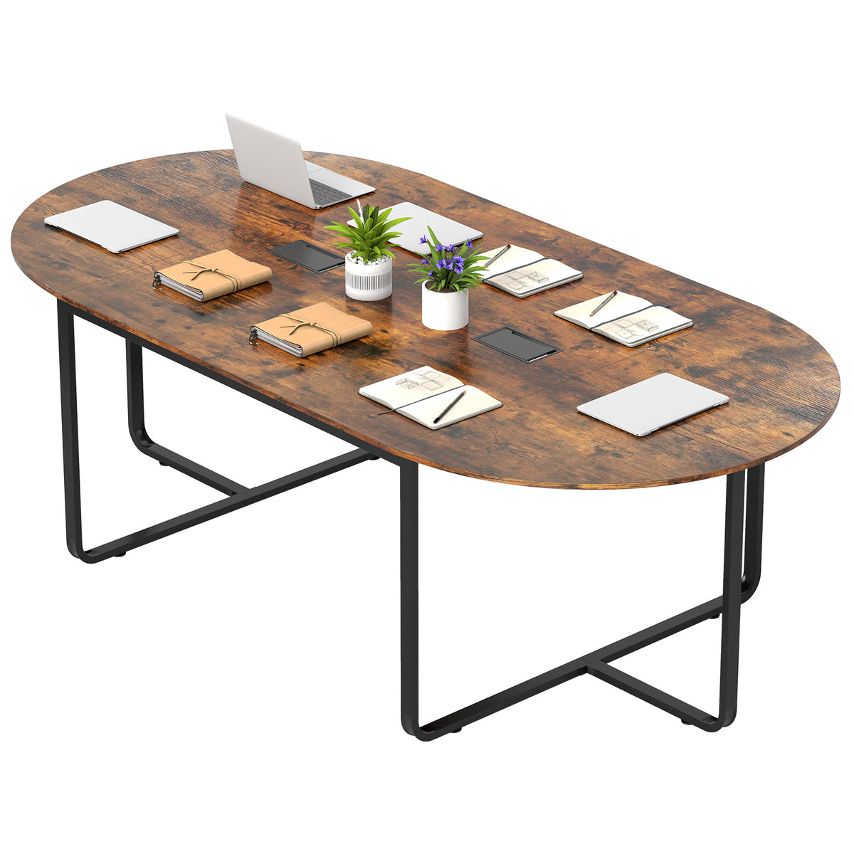 95-Inch Oval Conference Table with Dual Cable Holes - Rustic Brown