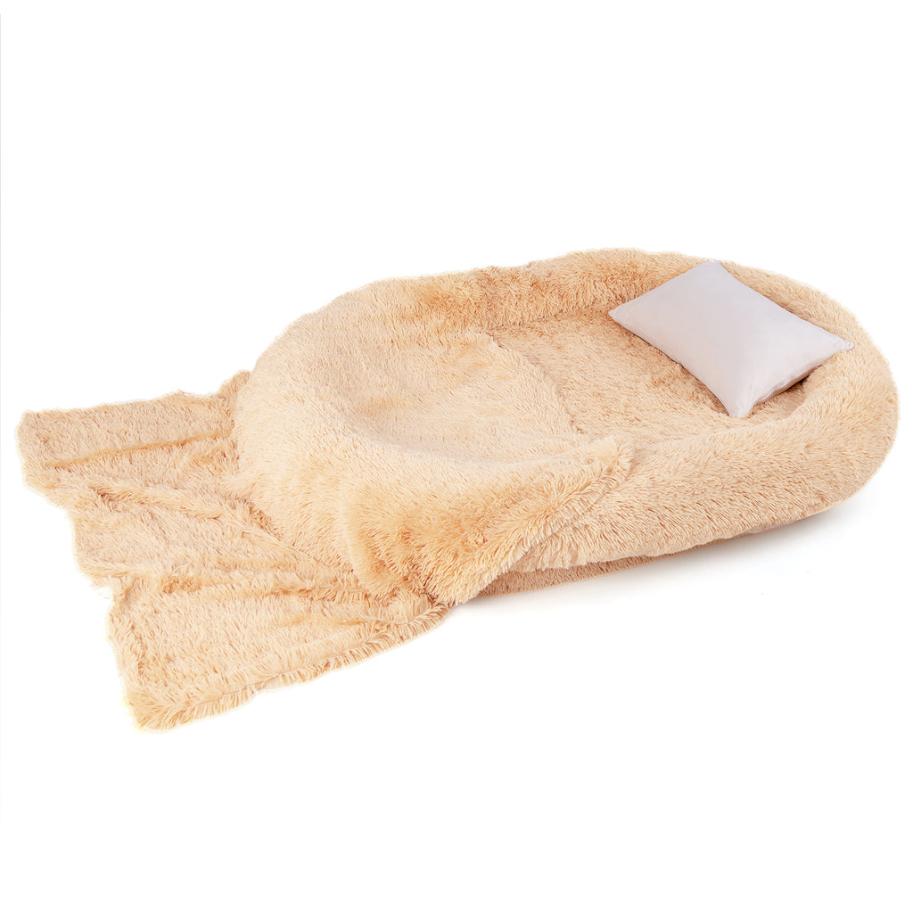 Washable Fluffy Dog Bed with Side Pockets, Blanket & Pillow - Brown