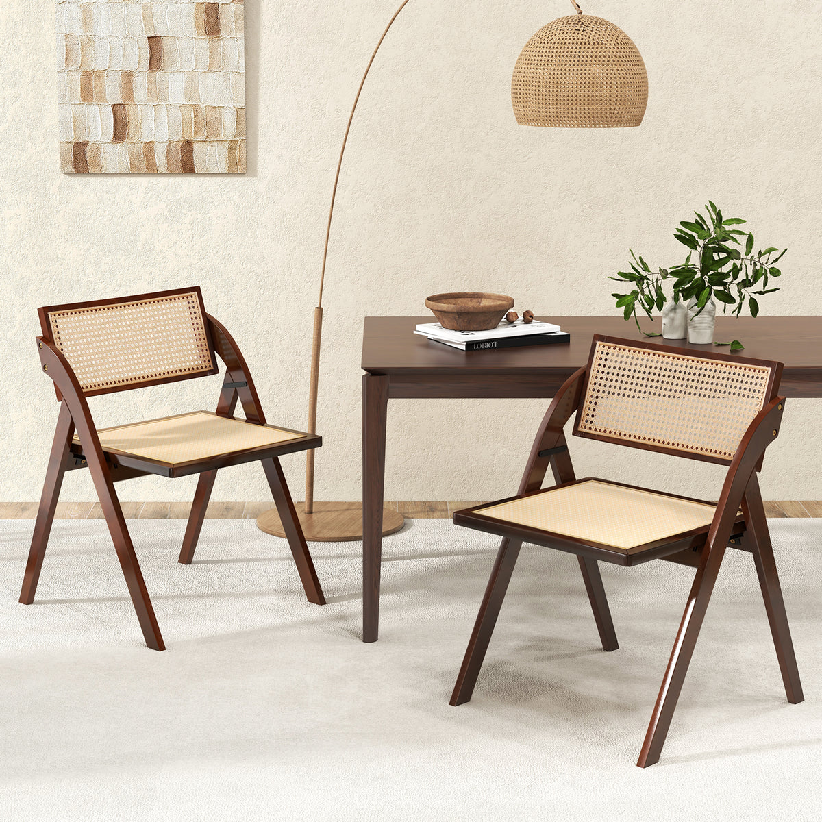 Foldable Dining Chairs Set of 2, Brown - Rattan Backrest