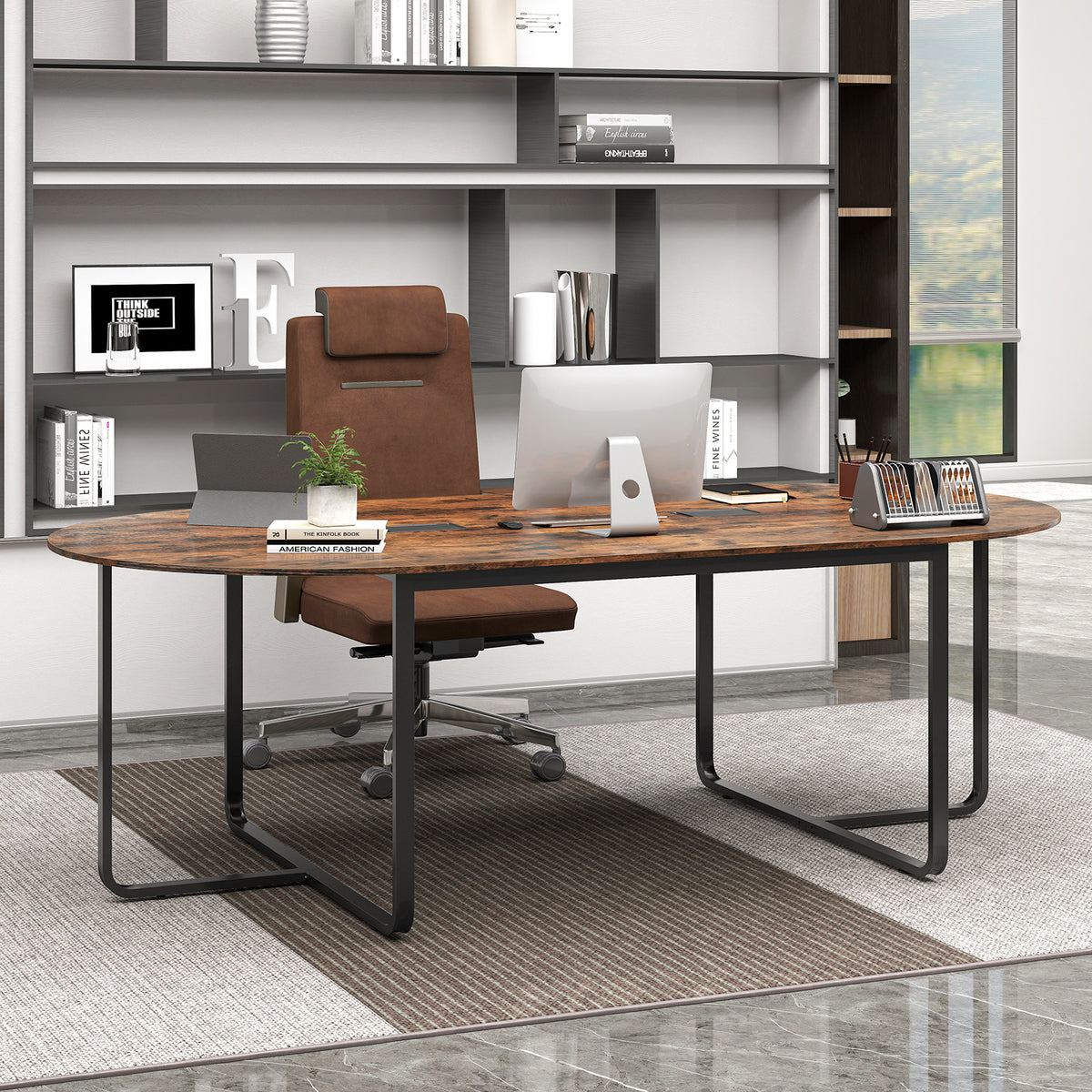95-Inch Oval Conference Table with Dual Cable Holes - Rustic Brown