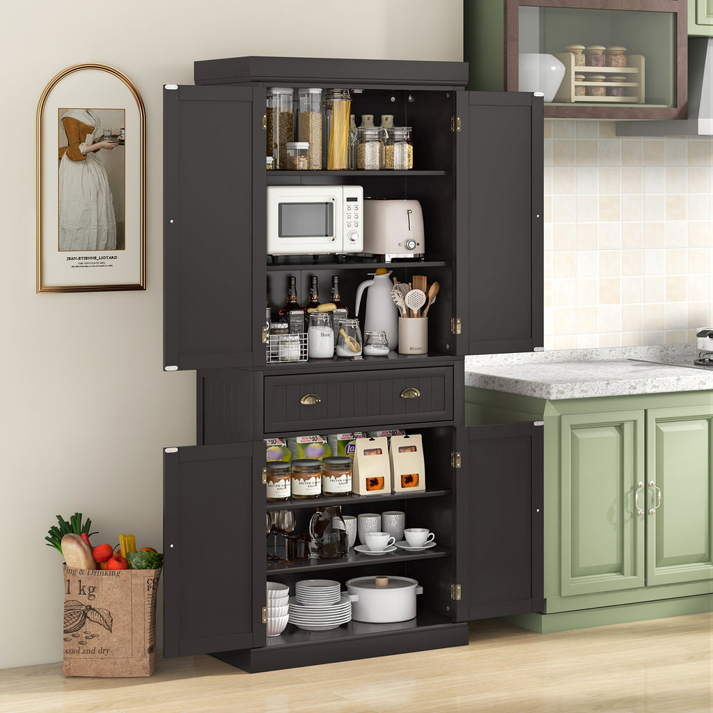 4-Door Pantry Storage Cabinet with Drawer & Shelves – Dark Brown
