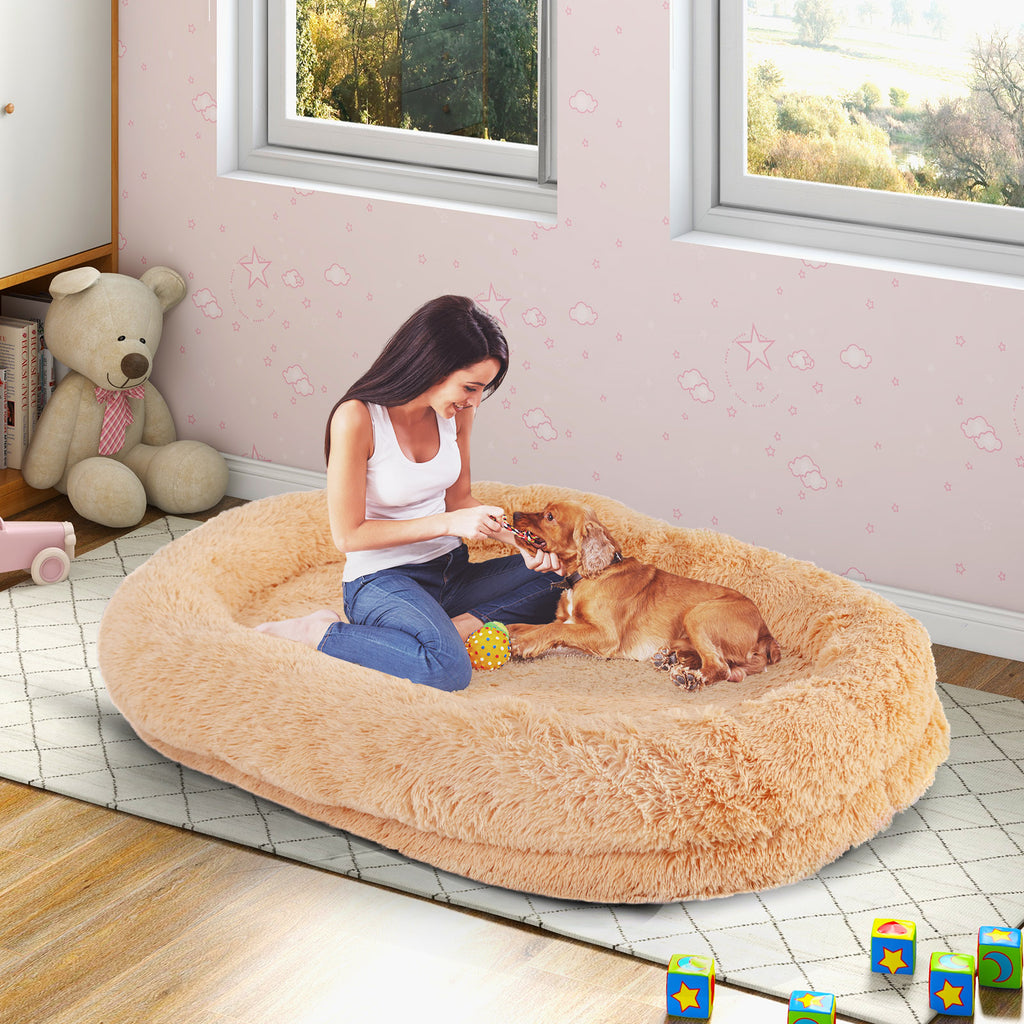 Washable Fluffy Dog Bed with Side Pockets, Blanket & Pillow - Brown
