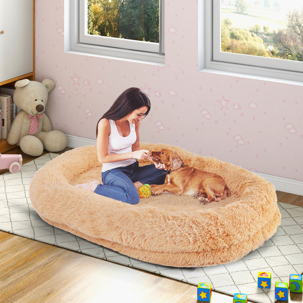 Washable Fluffy Dog Bed with Side Pockets, Blanket & Pillow - Brown