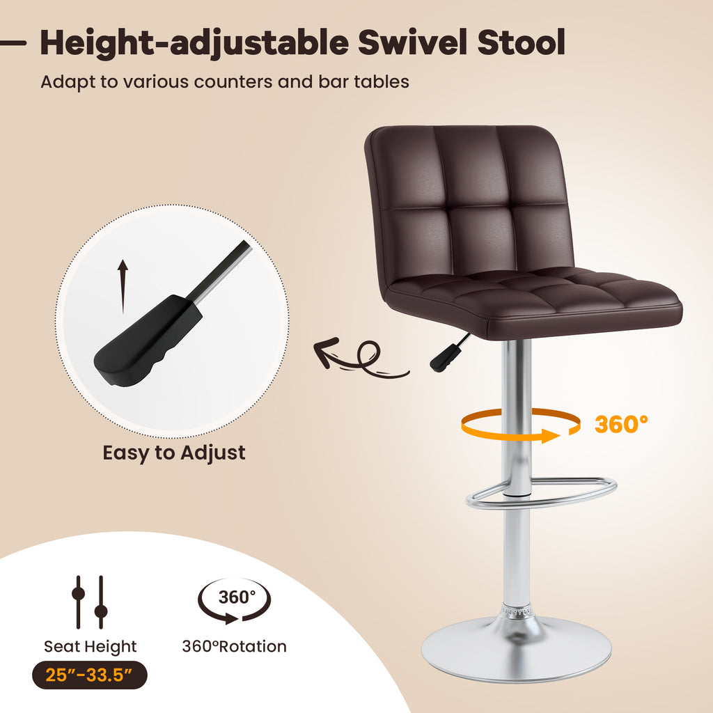 Set of 2 Adjustable Bar Stools with Back - Grid Pattern, Brown