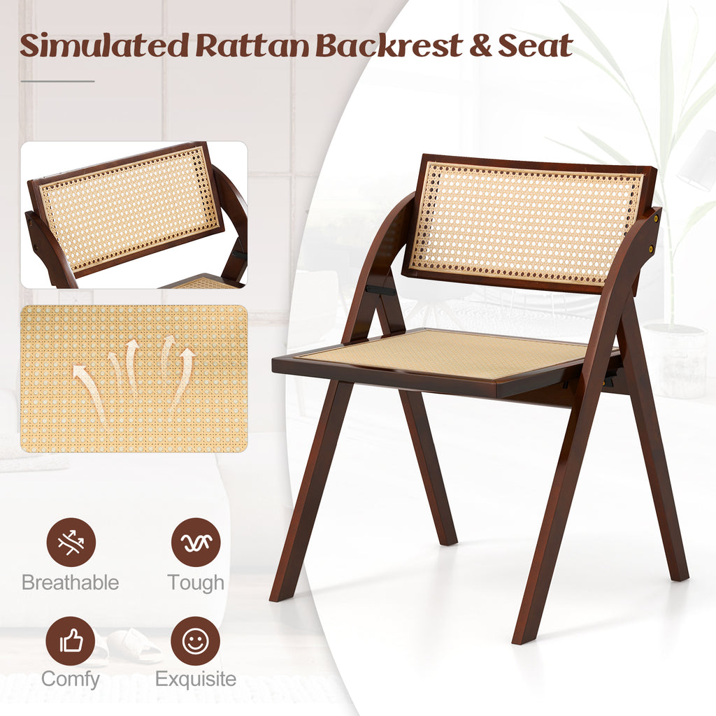 Foldable Dining Chairs Set of 2, Brown - Rattan Backrest