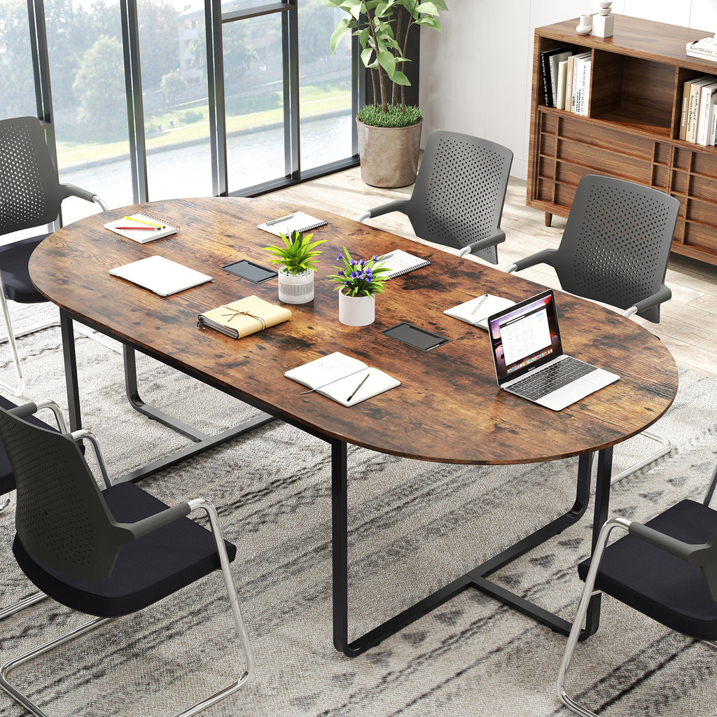 95-Inch Oval Conference Table with Dual Cable Holes - Rustic Brown