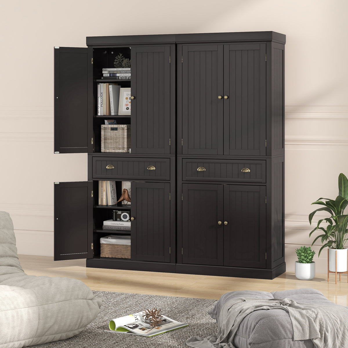 4-Door Pantry Storage Cabinet with Drawer & Shelves – Dark Brown