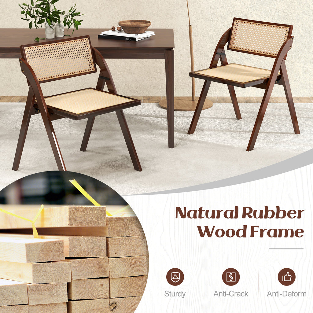 Foldable Dining Chairs Set of 2, Brown - Rattan Backrest