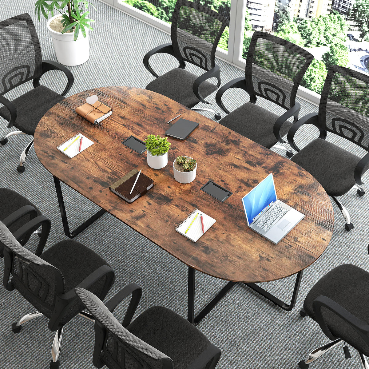 95-Inch Oval Conference Table with Dual Cable Holes - Rustic Brown