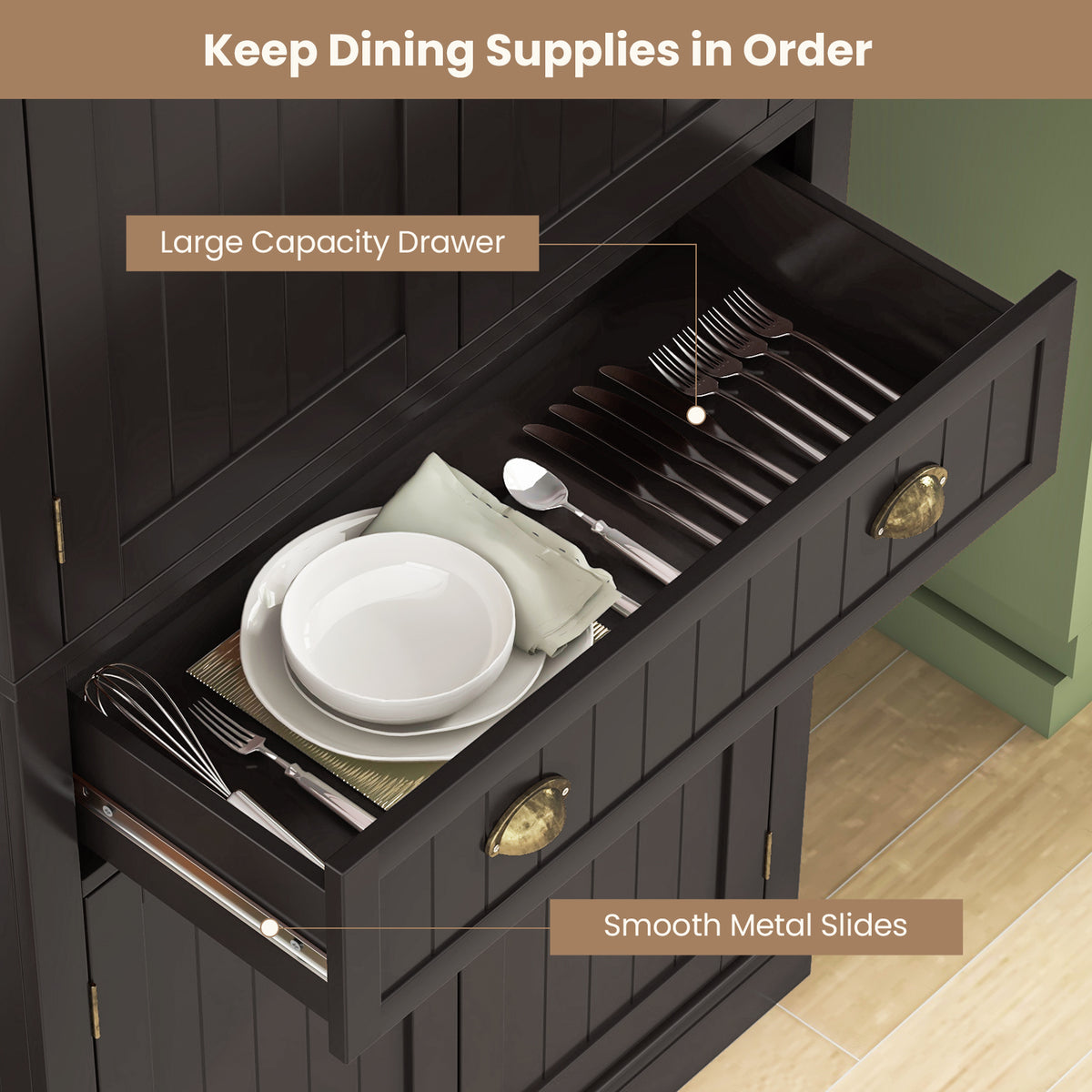 4-Door Pantry Storage Cabinet with Drawer & Shelves – Dark Brown