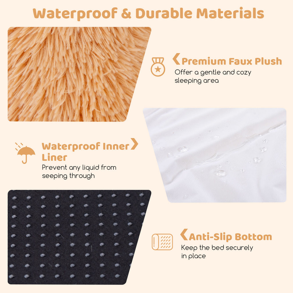 Washable Fluffy Dog Bed with Side Pockets, Blanket & Pillow - Brown