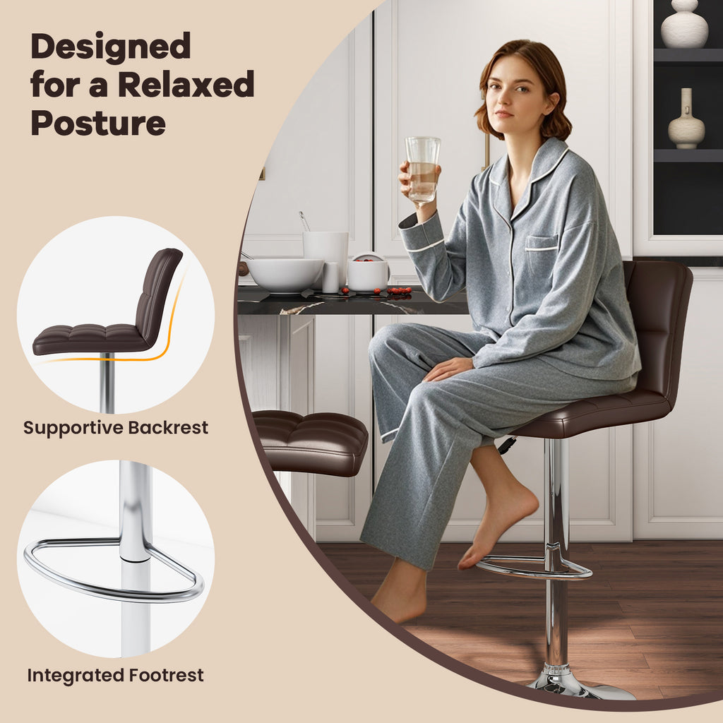 Set of 2 Adjustable Bar Stools with Back - Grid Pattern, Brown