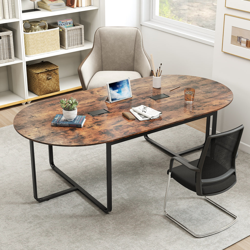 95-Inch Oval Conference Table with Dual Cable Holes - Rustic Brown