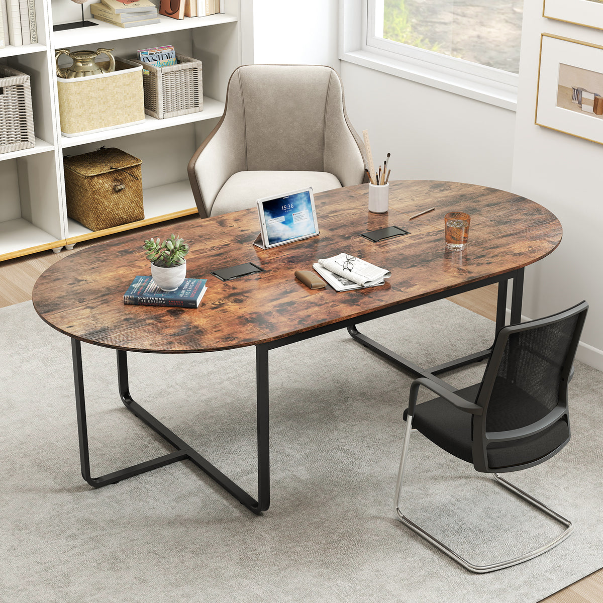 95-Inch Oval Conference Table with Dual Cable Holes - Rustic Brown