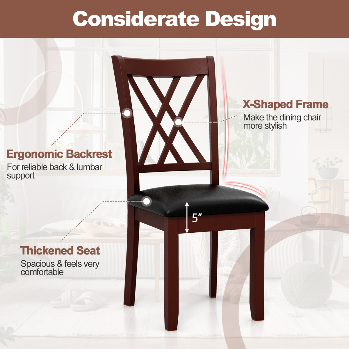 Dining Chairs Set of 2 with Padded Seat, Brown