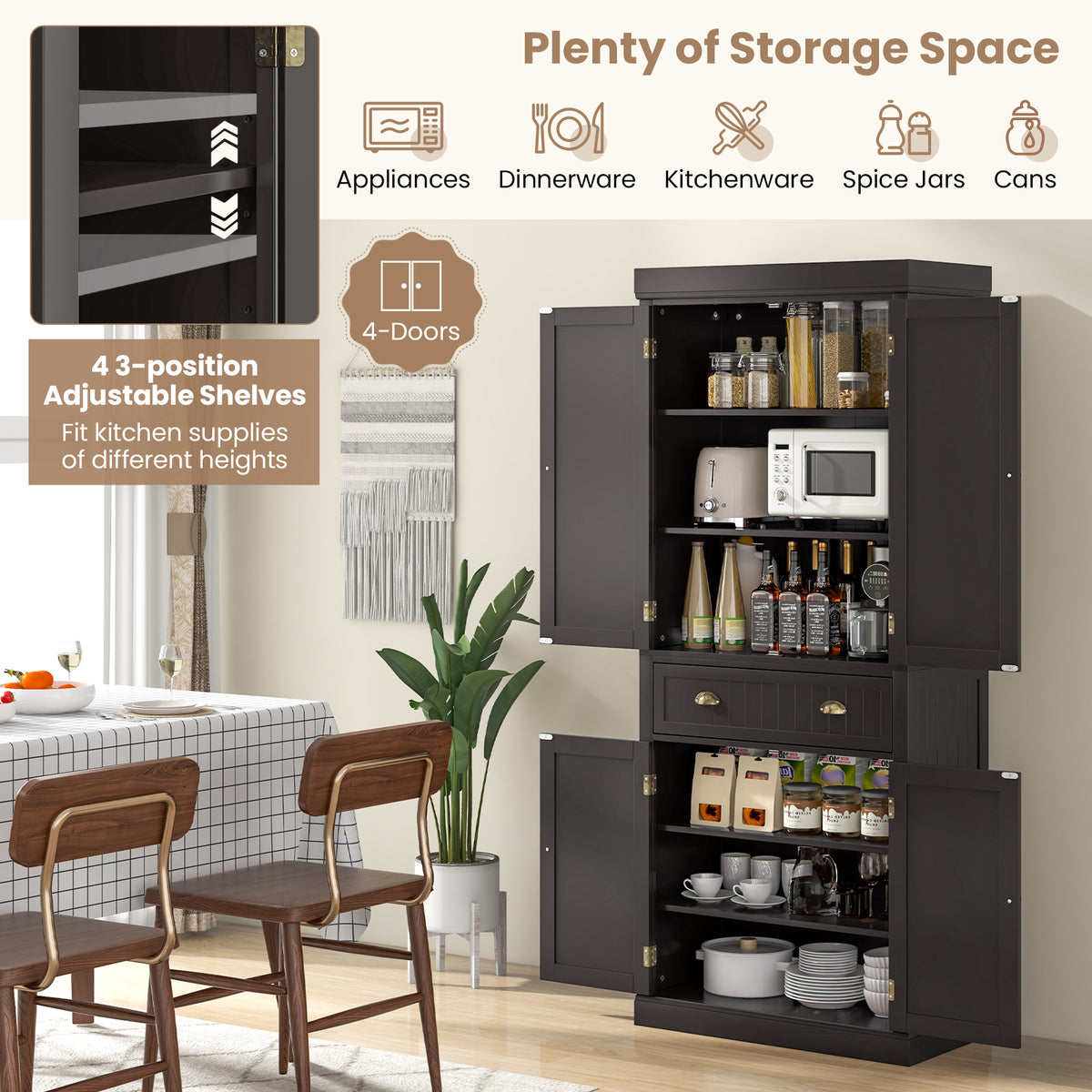 4-Door Pantry Storage Cabinet with Drawer & Shelves – Dark Brown