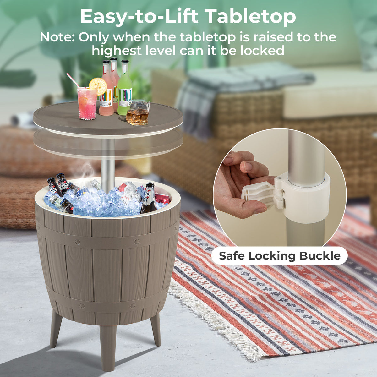 10 Gallon Outdoor Cooler Table with Telescopic Tabletop - Round, Brown