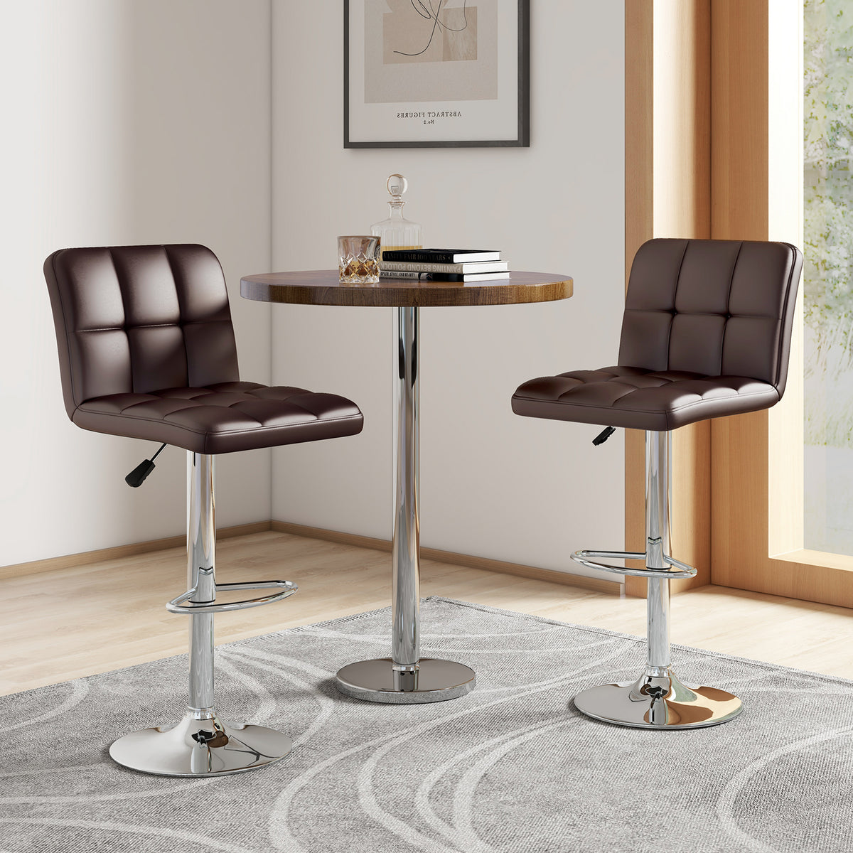 Set of 2 Adjustable Bar Stools with Back - Grid Pattern, Brown