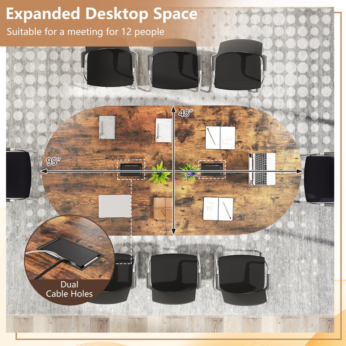 95-Inch Oval Conference Table with Dual Cable Holes - Rustic Brown