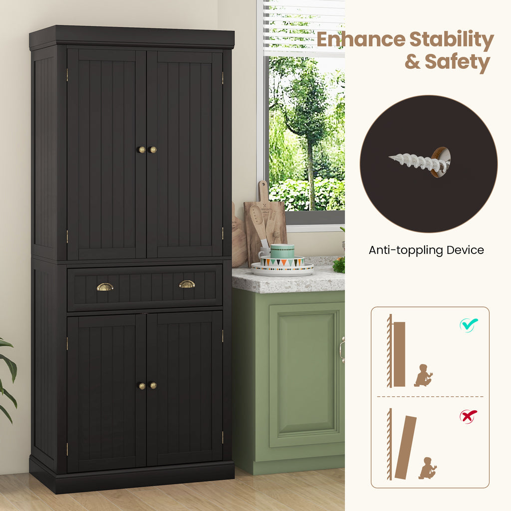 4-Door Pantry Storage Cabinet with Drawer & Shelves – Dark Brown
