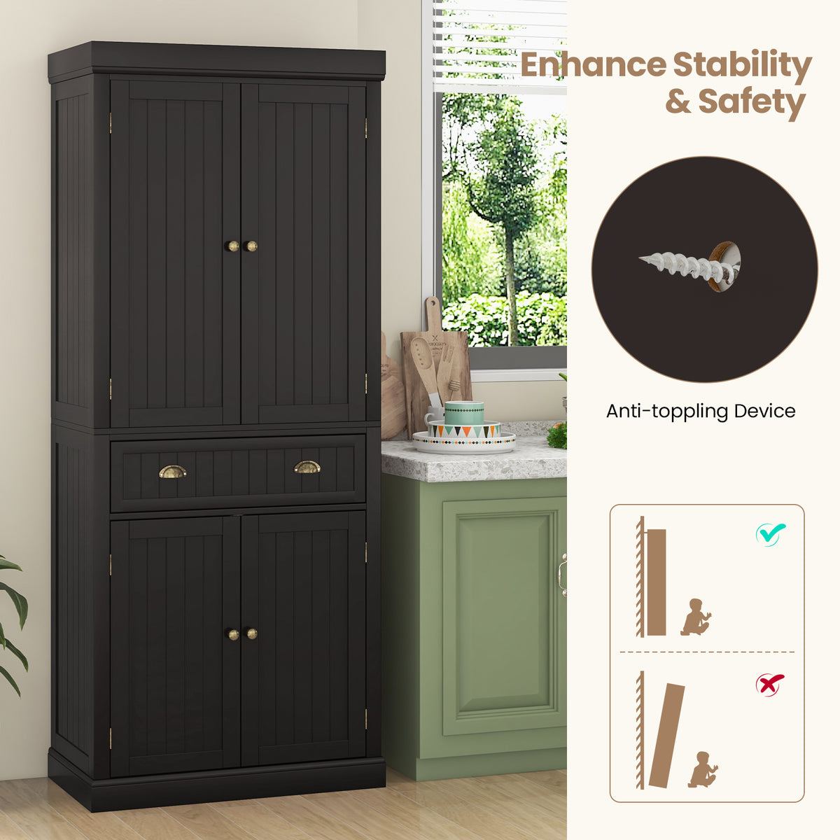 4-Door Pantry Storage Cabinet with Drawer & Shelves – Dark Brown