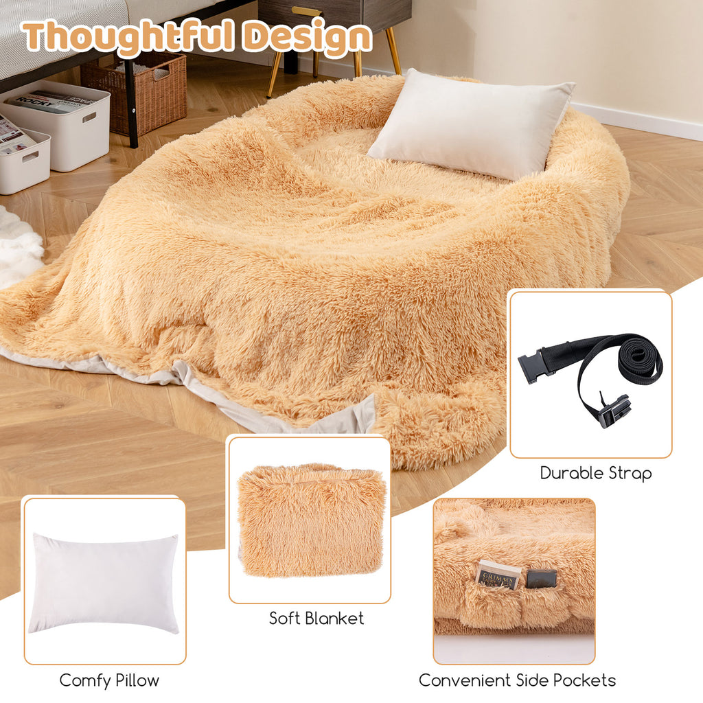Washable Fluffy Dog Bed with Side Pockets, Blanket & Pillow - Brown