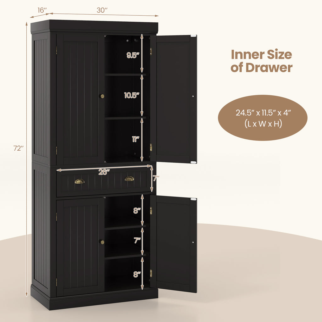 4-Door Pantry Storage Cabinet with Drawer & Shelves – Dark Brown
