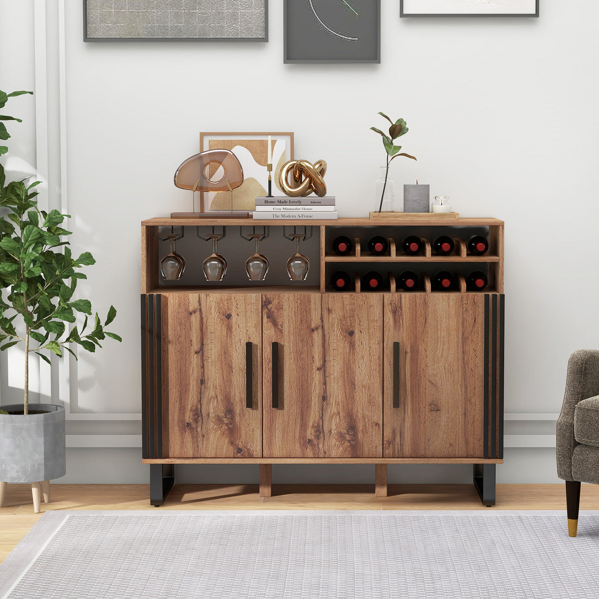 Home Wine Bar Cabinet 3 Door - Brown
