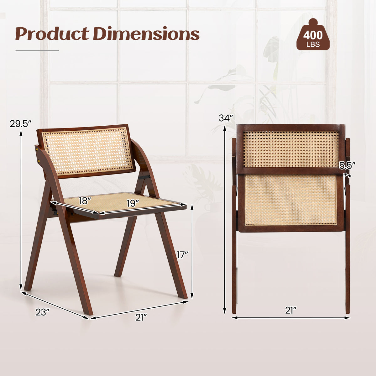 Foldable Dining Chairs Set of 2, Brown - Rattan Backrest