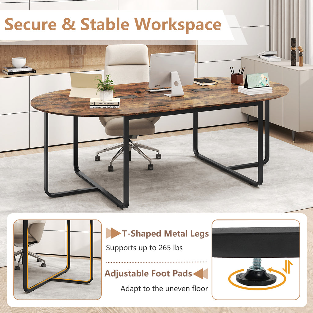 95-Inch Oval Conference Table with Dual Cable Holes - Rustic Brown