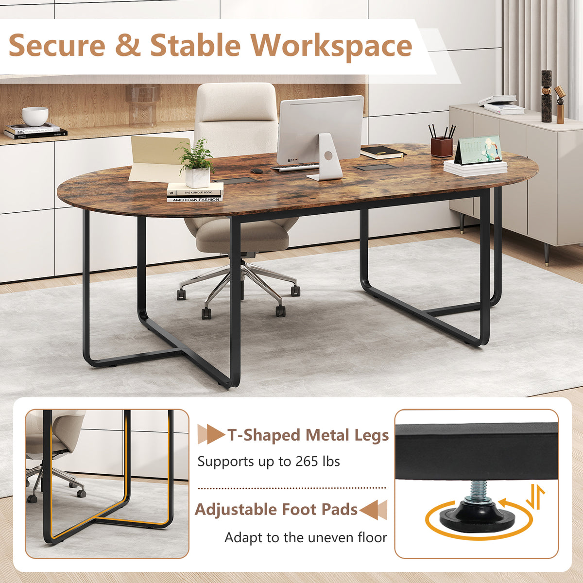 95-Inch Oval Conference Table with Dual Cable Holes - Rustic Brown