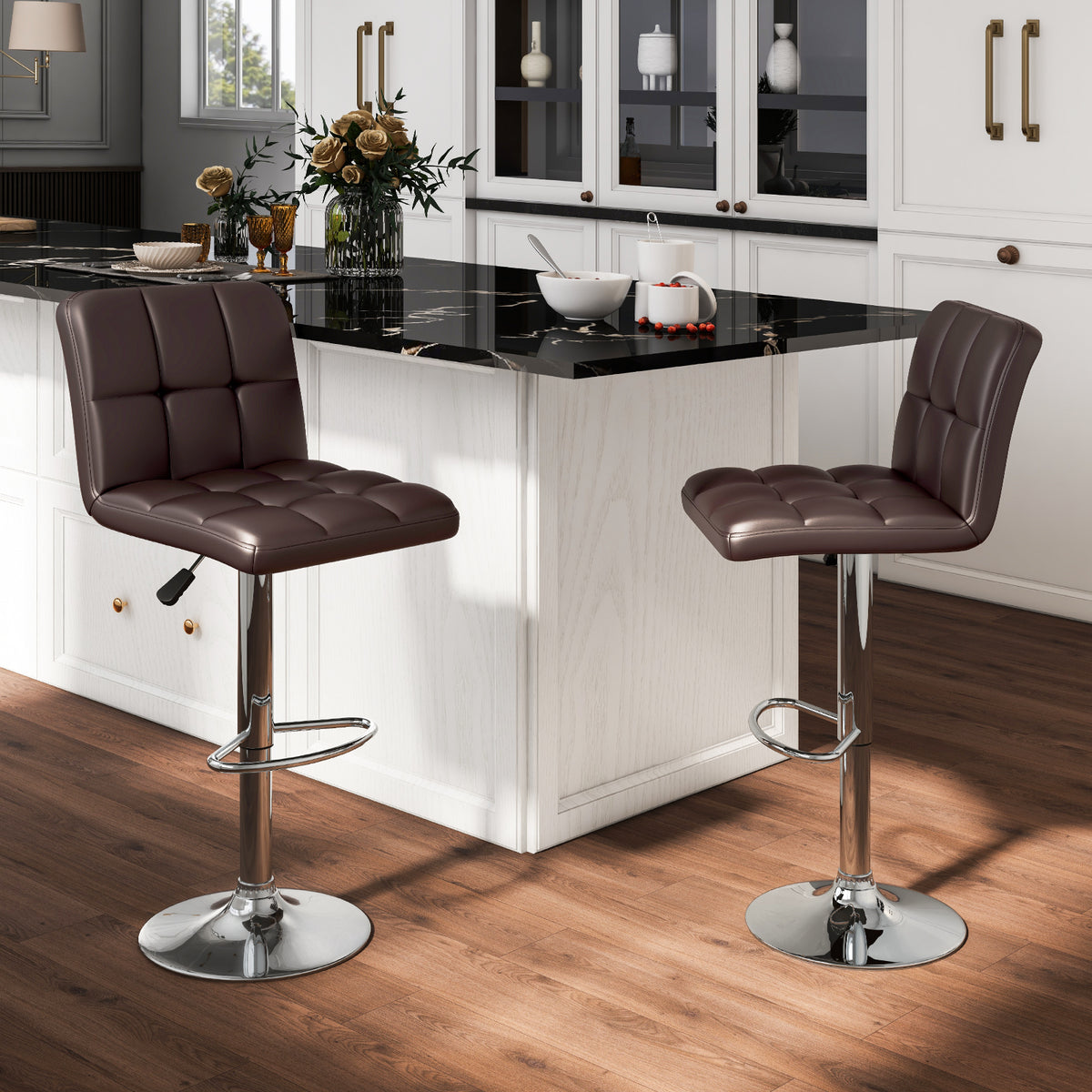 Set of 2 Adjustable Bar Stools with Back - Grid Pattern, Brown