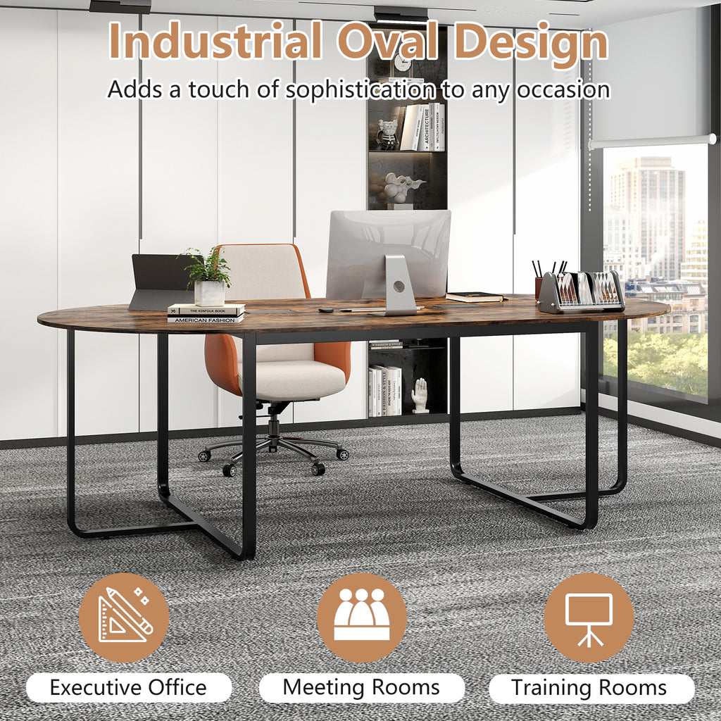 95-Inch Oval Conference Table with Dual Cable Holes - Rustic Brown
