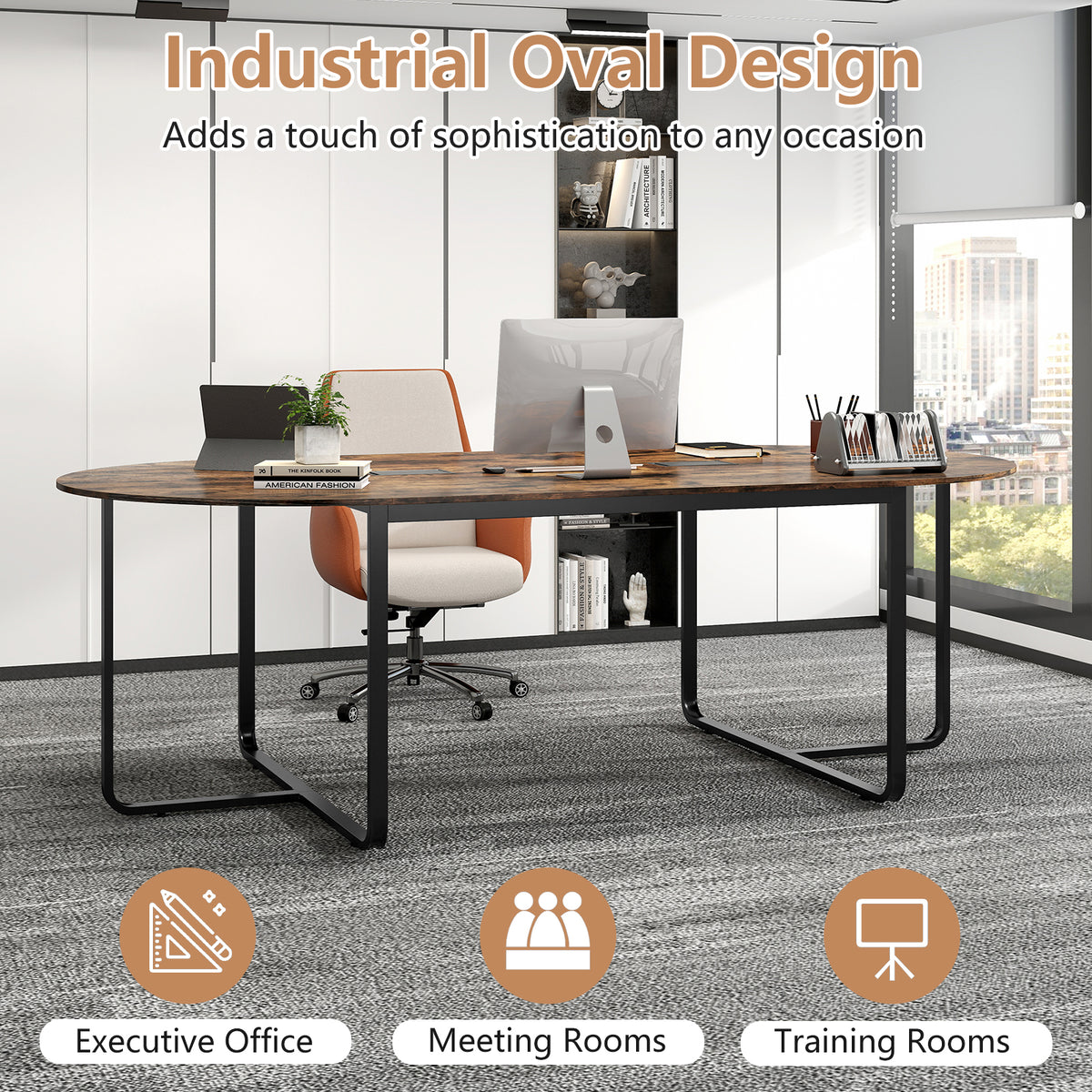 95-Inch Oval Conference Table with Dual Cable Holes - Rustic Brown