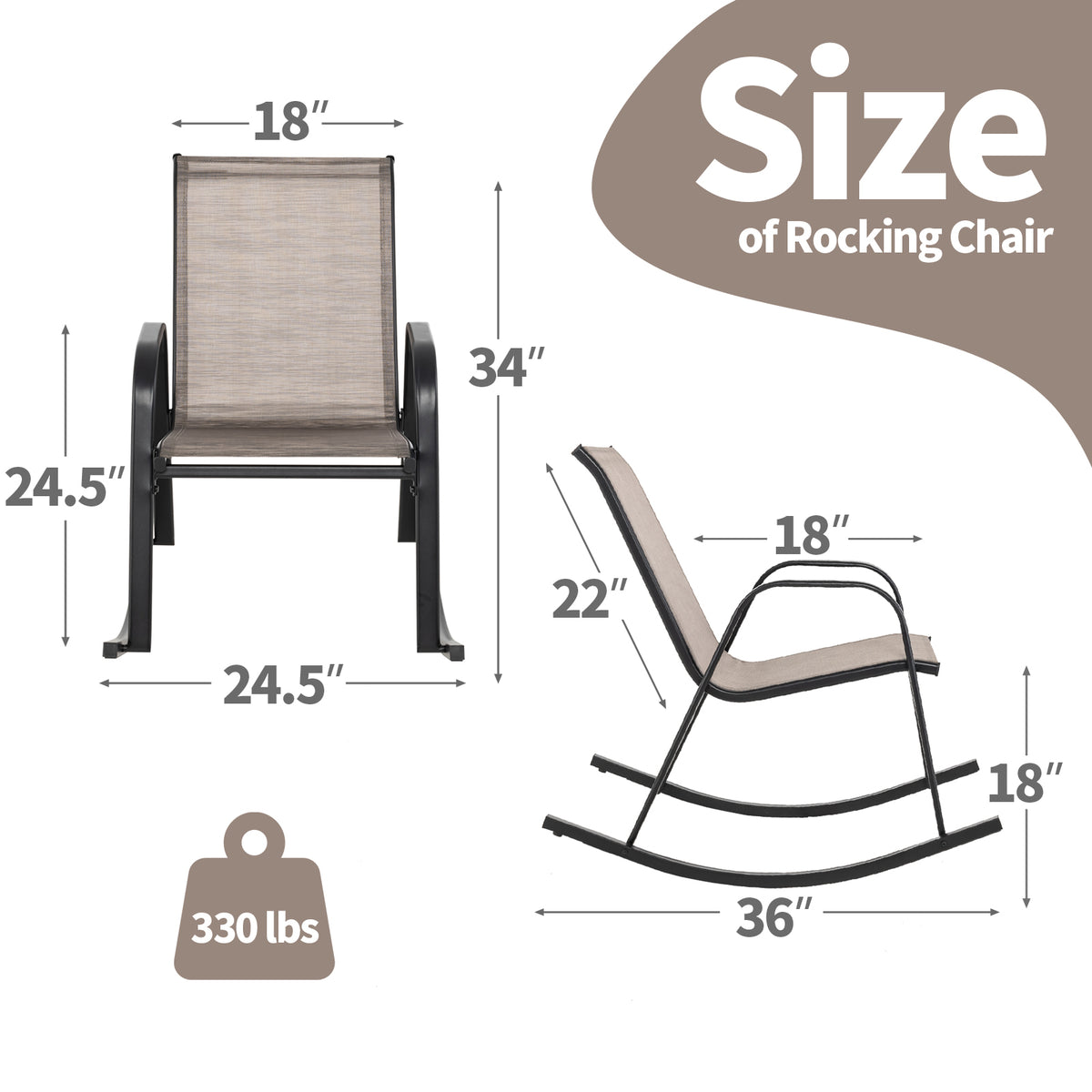 Metal Patio Rocking Chair with Breathable Seat - Style 1, Brown