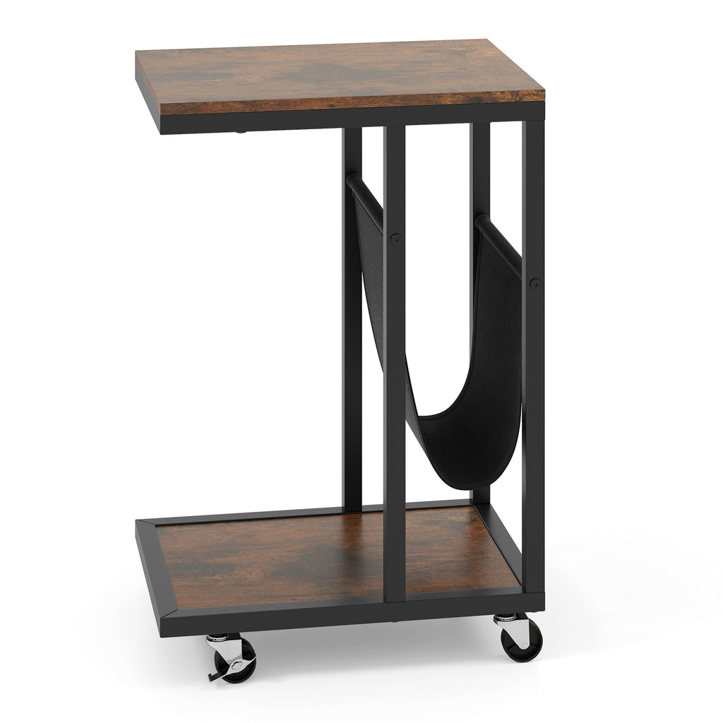C-Shaped Side Table with Canvas Storage Pouch, Brown