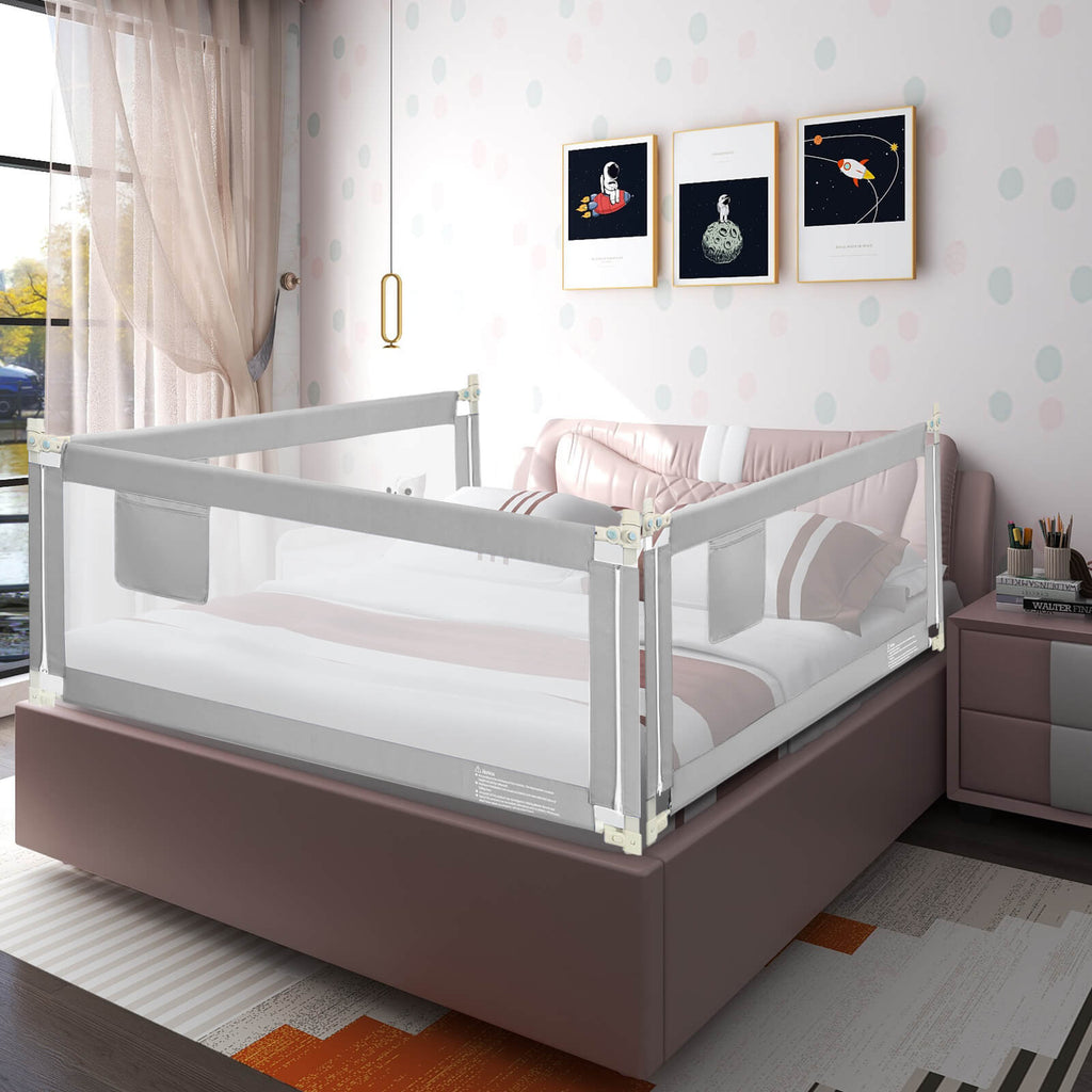 77 Inch Baby Bed Rail with Double Safety Lock & Gray Finish - Child Safety Guard
